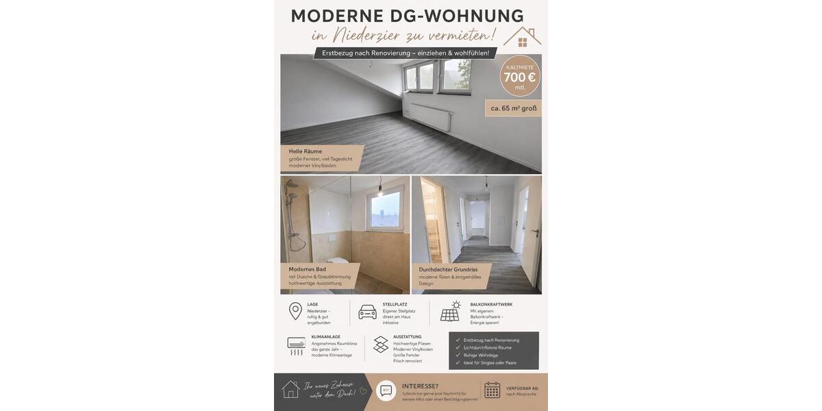 Dachgeschoßwohnung Niederzier - 3 Zimmer, 65 m&sup2;, 700&euro; | Angebot:26310449